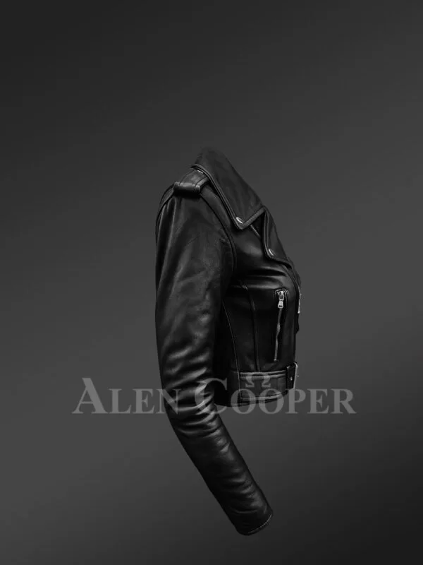 Iconic Black Super Stylish Real Leather Asymmetrical Zipper Closure Biker Jacket for Women with Raccoon Fur Collar - Image 4