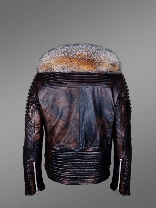 Coffee Leather Jacket with Crystal Fox Fur Collar for Men - Image 4