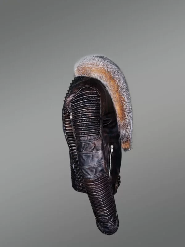 Coffee Leather Jacket with Crystal Fox Fur Collar for Men - Image 3