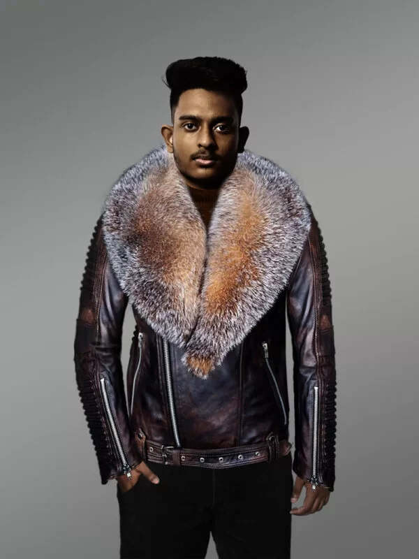 Coffee Leather Jacket with Crystal Fox Fur Collar for Men