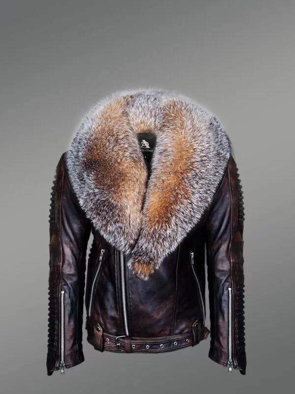 Coffee Leather Jacket with Crystal Fox Fur Collar for Men - Image 2