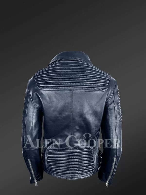 Women's Hand-Made Navy Italian-Finish Biker Jacket with Detachable Black Fox Fur Collar - Image 6