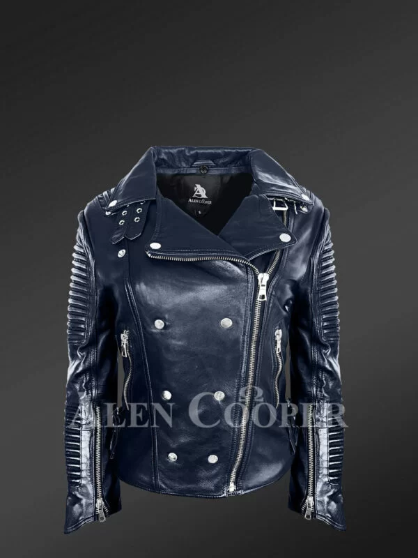 Women's Hand-Made Navy Italian-Finish Biker Jacket with Detachable Black Fox Fur Collar - Image 4