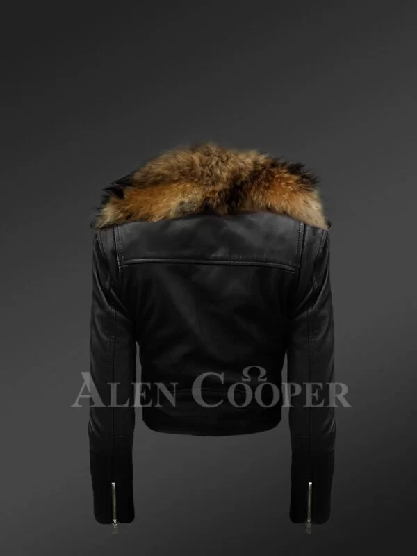 Iconic Black Super Stylish Real Leather Asymmetrical Zipper Closure Biker Jacket for Women with Raccoon Fur Collar - Image 5