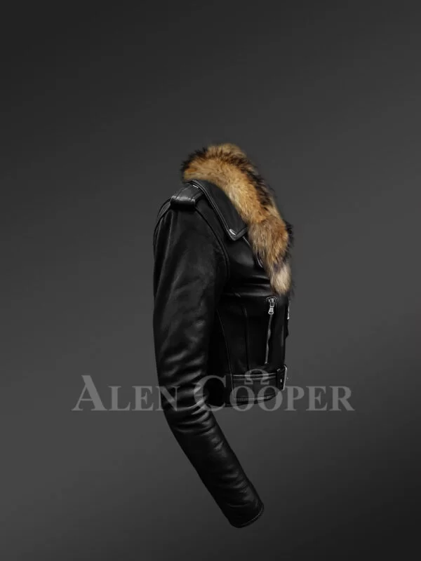 Iconic Black Super Stylish Real Leather Asymmetrical Zipper Closure Biker Jacket for Women with Raccoon Fur Collar - Image 3