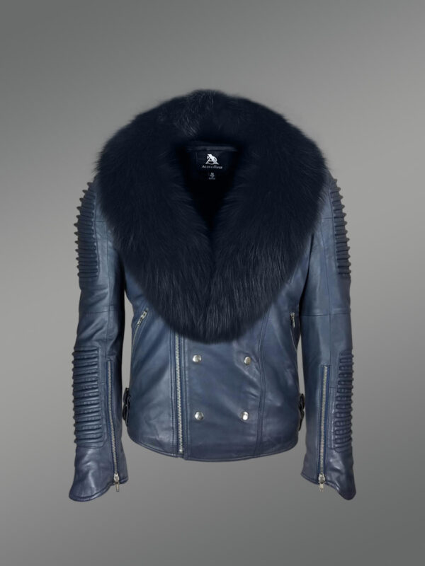 Men’s Solid Navy Real Leather Winter Biker Jacket with Navy Fox Fur Collar