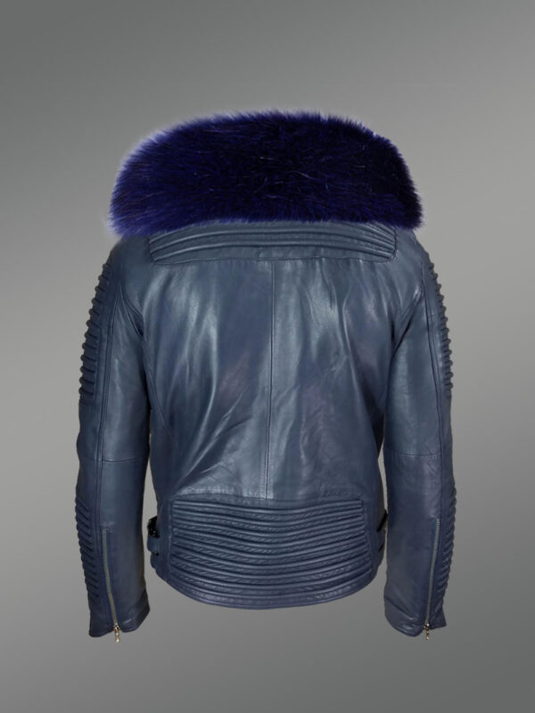 Men’s Solid Navy Real Leather Winter Biker Jacket with Navy Fox Fur Collar - Image 3