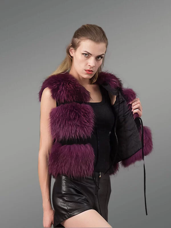 Women’s Short Length 3 Paragraph Real Fox Fur Winter Vest in Burgundy - Image 2