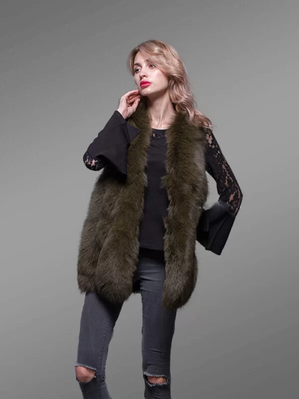 Women’s Super Stylish and Unique Real Fox Fur Winter Vest in Rich Olive - Image 8