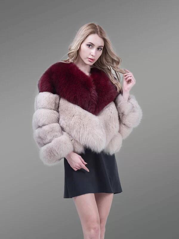 Women’s Stylish V Cut Neck Real Fox Fur Bi-Color Winter Outerwear - Image 3