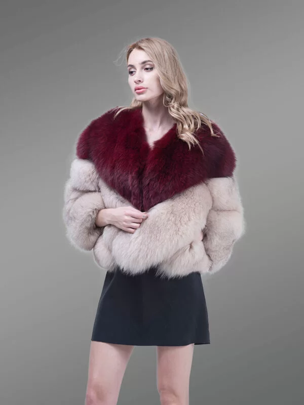 Women’s Stylish V Cut Neck Real Fox Fur Bi-Color Winter Outerwear - Image 2