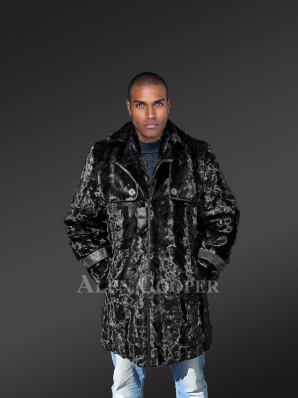 Men Mink Long Coat in Black - Image 3