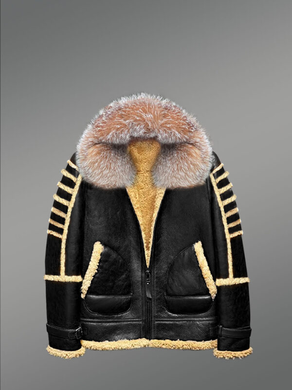 Black Shearling Jacket with Premium Crystal Fox Fur and Hood - Image 3