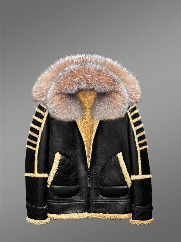 Black Shearling Jacket with Premium Crystal Fox Fur and Hood - Image 2
