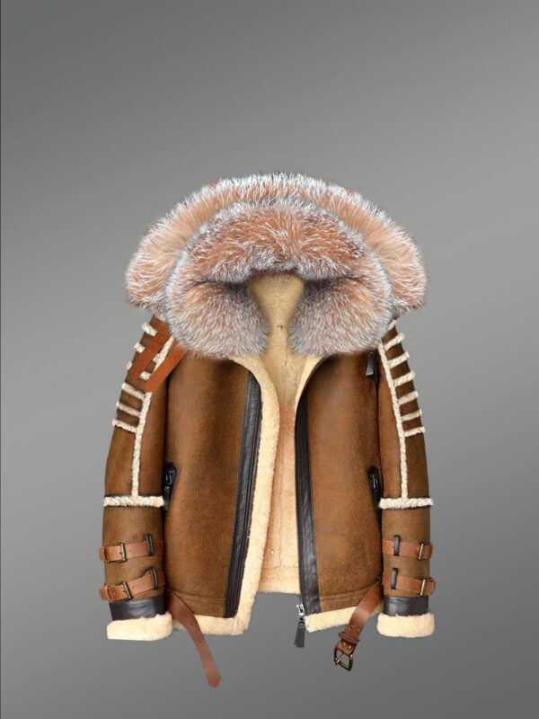 Classic Sheepskin Bomber Jacket with Detachable Hood - Image 3