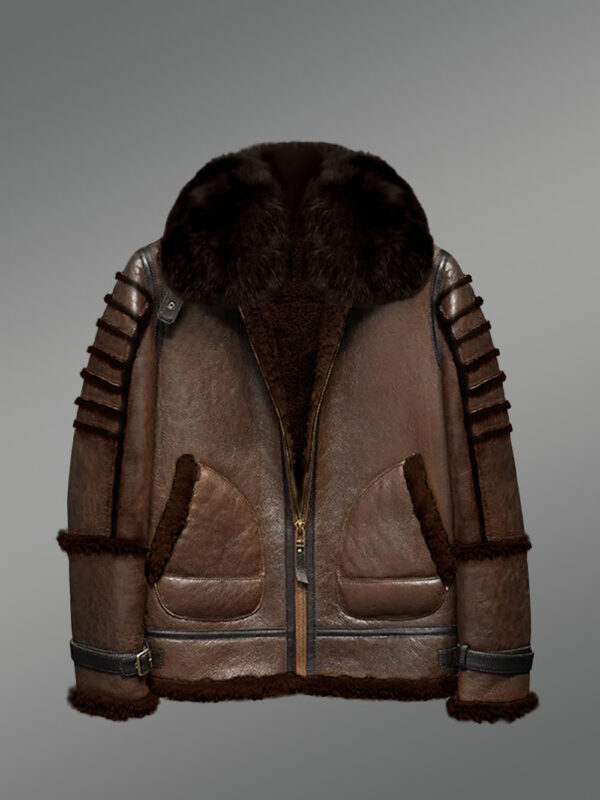 Sheepskin Shearling Aviator Jacket for Men in Fox Fur Collar and Detachable Hood - Image 2