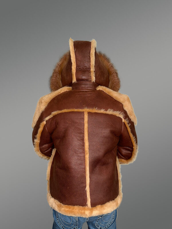 Men’s High Neck Collar attractive shearling jacket with detachable Fox Fur Hood - Image 7