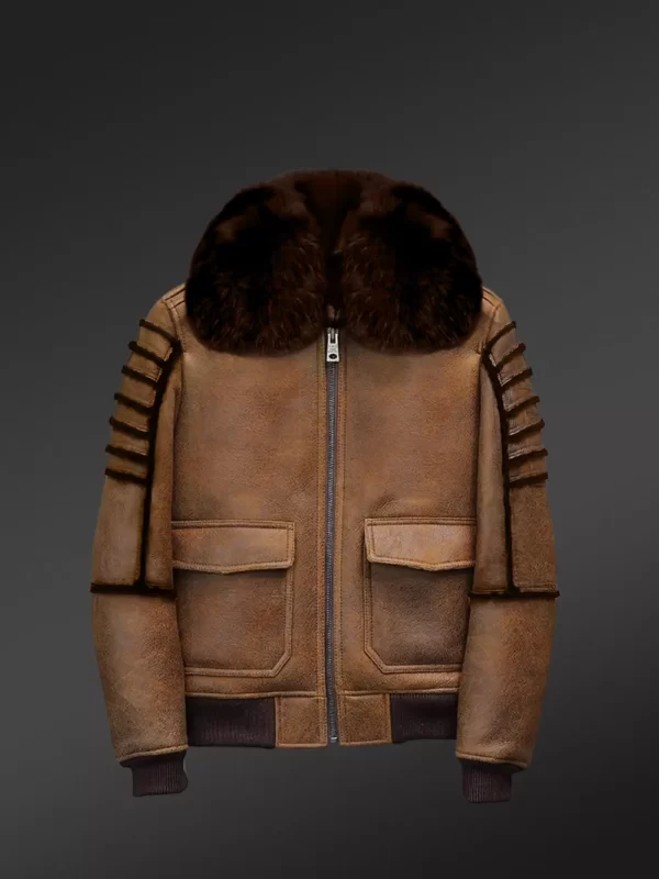 Men’s Aviator Sheepskin Shearling Bomber Jacket with Crystal Fox Fur Hood - Image 3