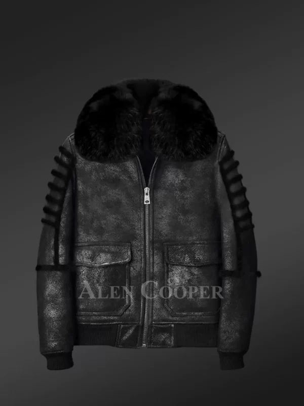 Men’s Black Sheepskin Shearling Bomber Jacket Front-open Zipper with Arctic Fox Fur Hood - Image 4