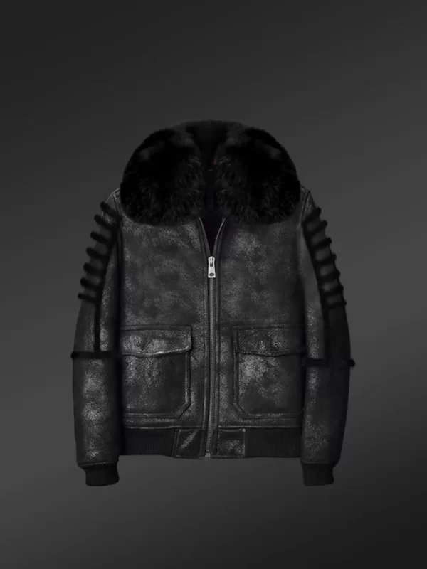 Men’s Black Sheepskin Shearling Bomber Jacket Front-open Zipper with Arctic Fox Fur Hood - Image 3