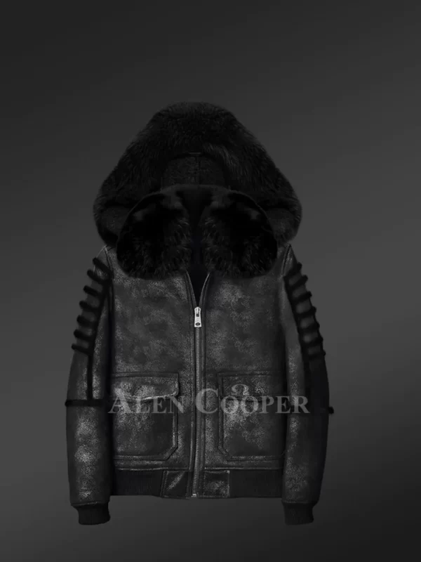 Men’s Black Sheepskin Shearling Bomber Jacket Front-open Zipper with Arctic Fox Fur Hood