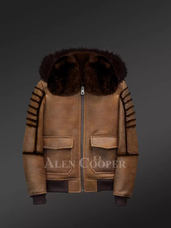 Men’s Aviator Sheepskin Shearling Bomber Jacket with Crystal Fox Fur Hood - Image 2