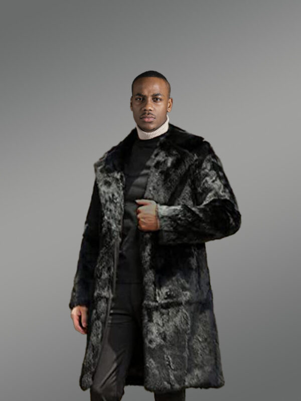 Rabbit Fur Long Coat with Turned-Down Collar and Notched Lapel - Image 3