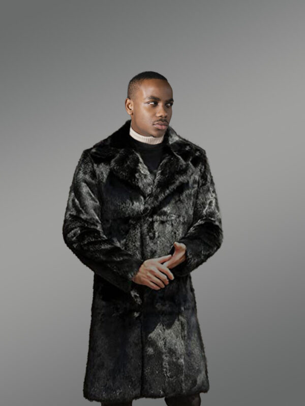 Rabbit Fur Long Coat with Turned-Down Collar and Notched Lapel - Image 2