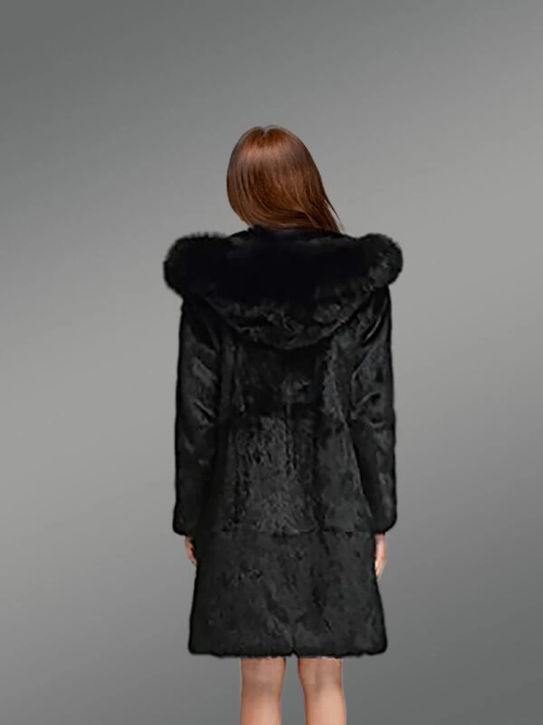 Long A-line Rabbit Fur Coat with Hood in Black for Women - Image 6