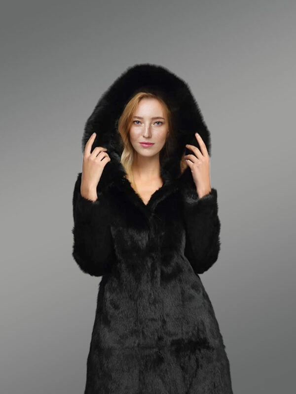 Long A-line Rabbit Fur Coat with Hood in Black for Women - Image 3