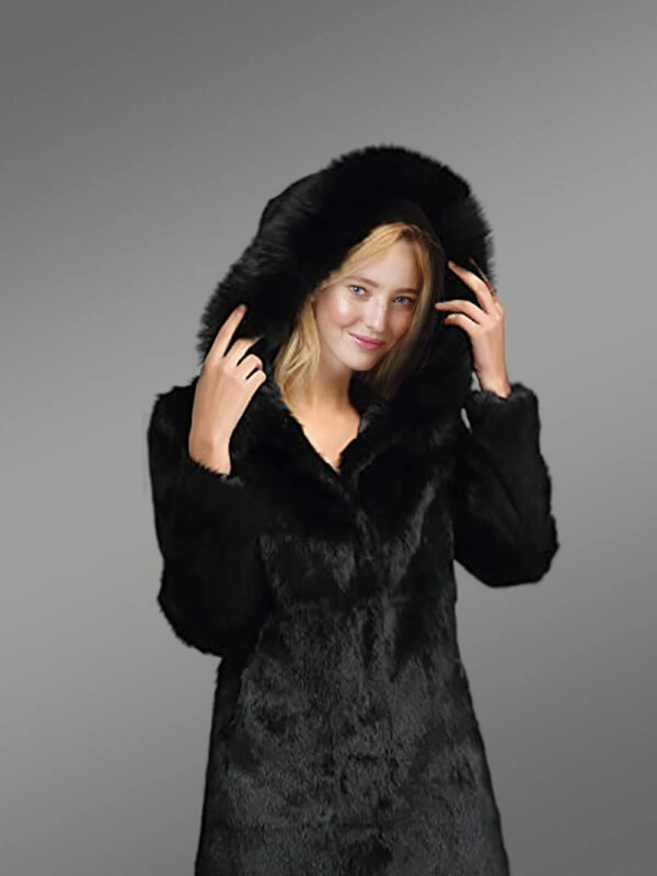 Long A-line Rabbit Fur Coat with Hood in Black for Women - Image 2