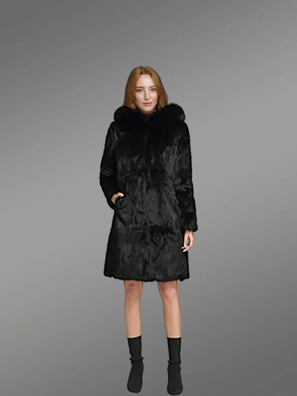 Long A-line Rabbit Fur Coat with Hood in Black for Women - Image 4