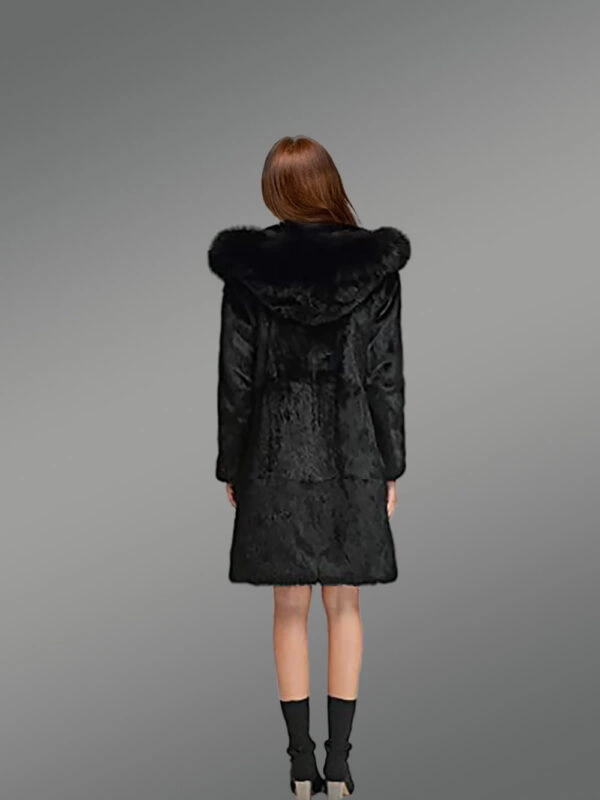 Long A-line Rabbit Fur Coat with Hood in Black for Women - Image 5