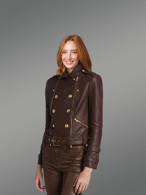 Crop Leather Moto Jacket with Belt - Image 4