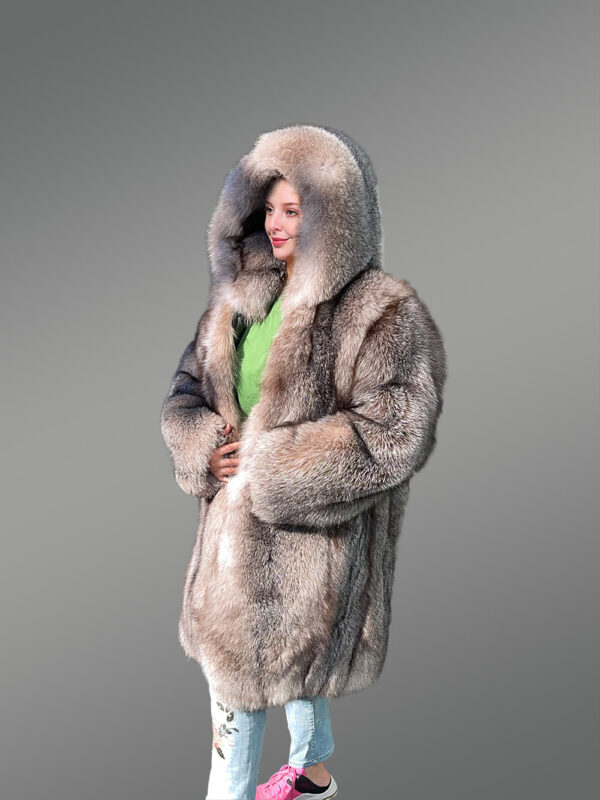Women Fox Fur Long Coat with Crystal Effect - Image 2