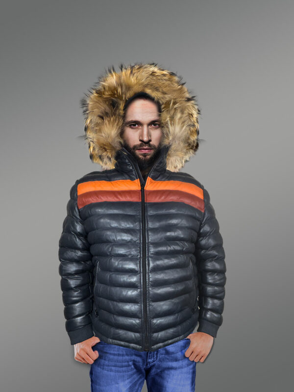 Down Leather Bomber with Raccoon Fur Hood - Image 4