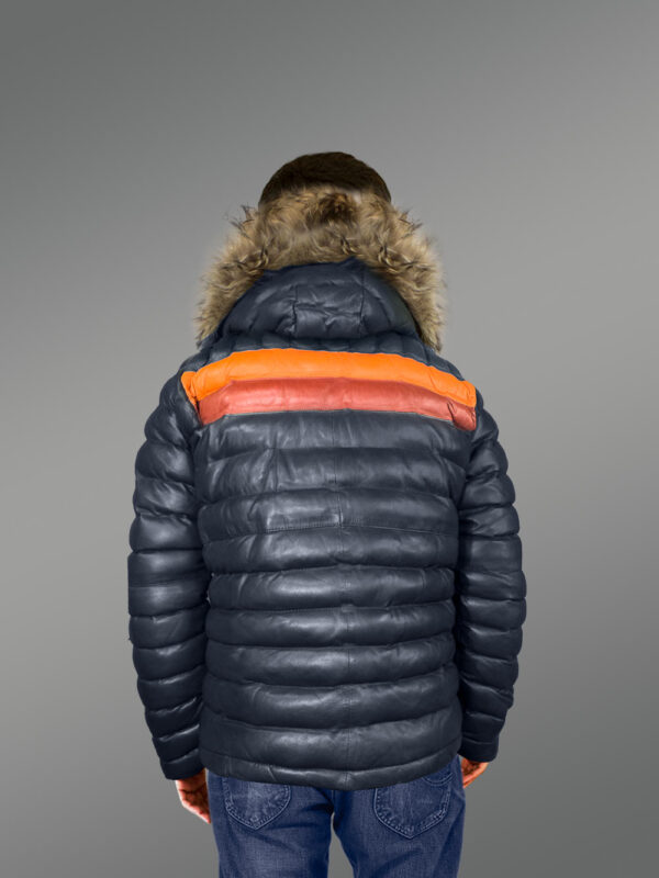 Down Leather Bomber with Raccoon Fur Hood - Image 5