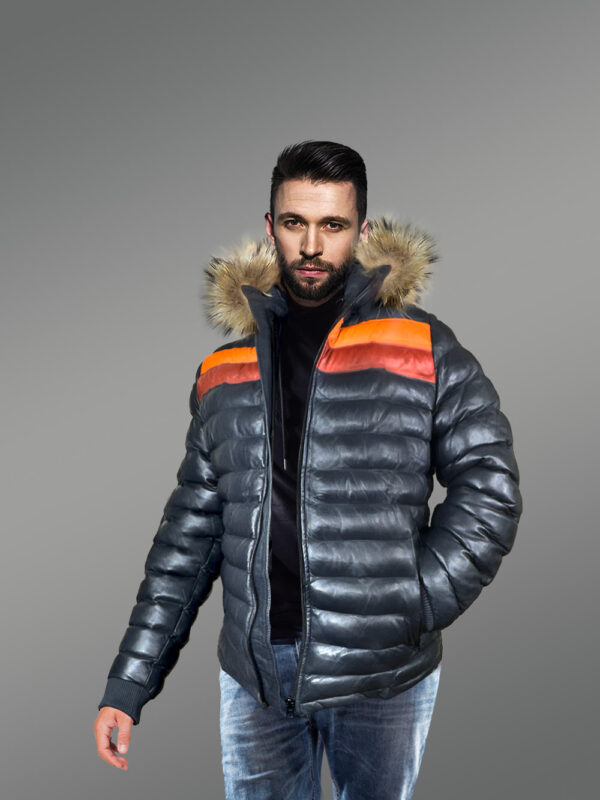 Down Leather Bomber with Raccoon Fur Hood - Image 3