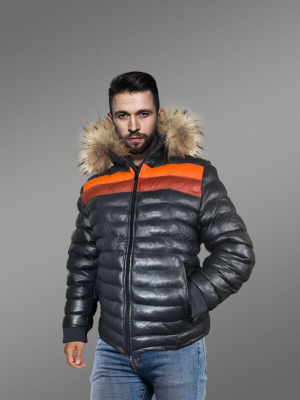 Down Leather Bomber with Raccoon Fur Hood - Image 2