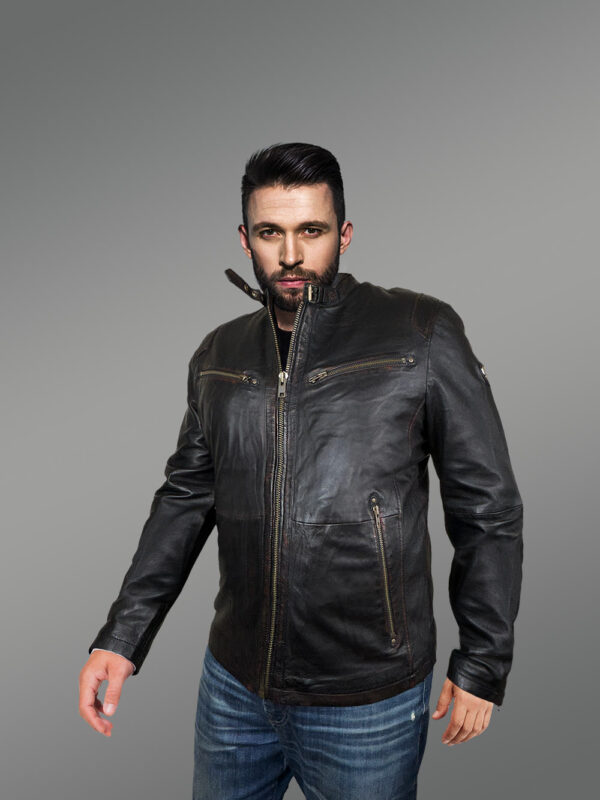 Leather Motorcycle Jacket with Band Collar - Image 4