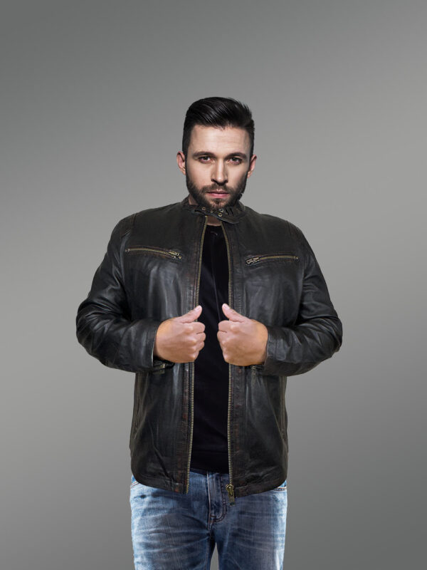 Leather Motorcycle Jacket with Band Collar - Image 3