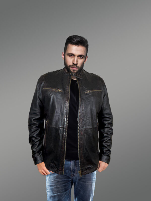 Leather Motorcycle Jacket with Band Collar - Image 2