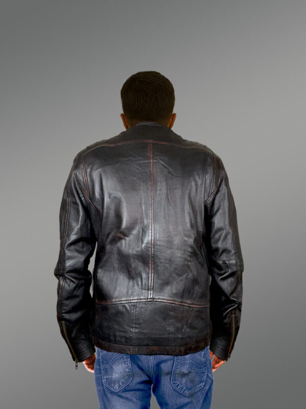 Leather Motorcycle Jacket with Band Collar - Image 5