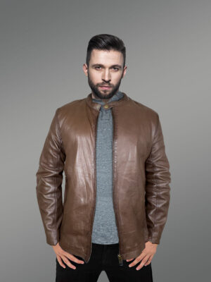 Motorcycle Leather Jacket with a Band Collar