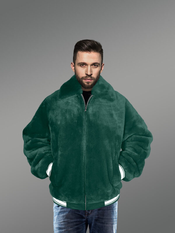 Sheepskin Mouton Varsity Jacket in Green - Image 2