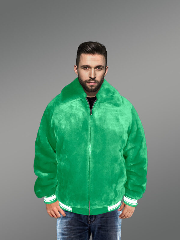 Sheepskin Mouton Varsity Jacket in Light Green