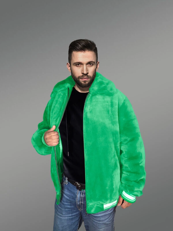 Sheepskin Mouton Varsity Jacket in Light Green - Image 2