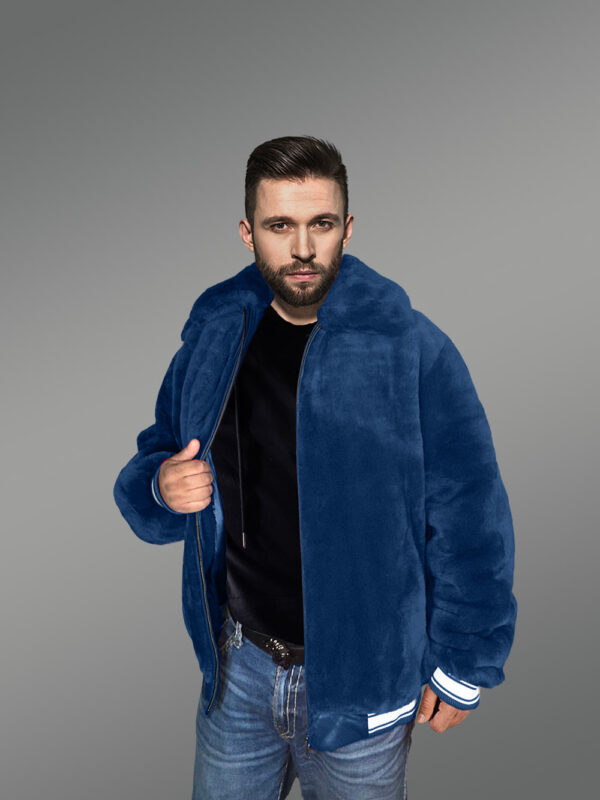 Sheepskin Mouton Varsity Jacket in Navy - Image 3
