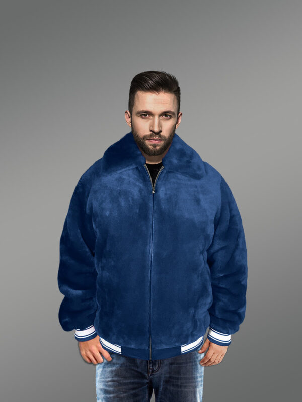 Sheepskin Mouton Varsity Jacket in Navy - Image 2
