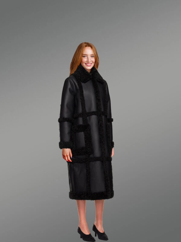 Women Shearling Classic Long Black Coat - Image 2